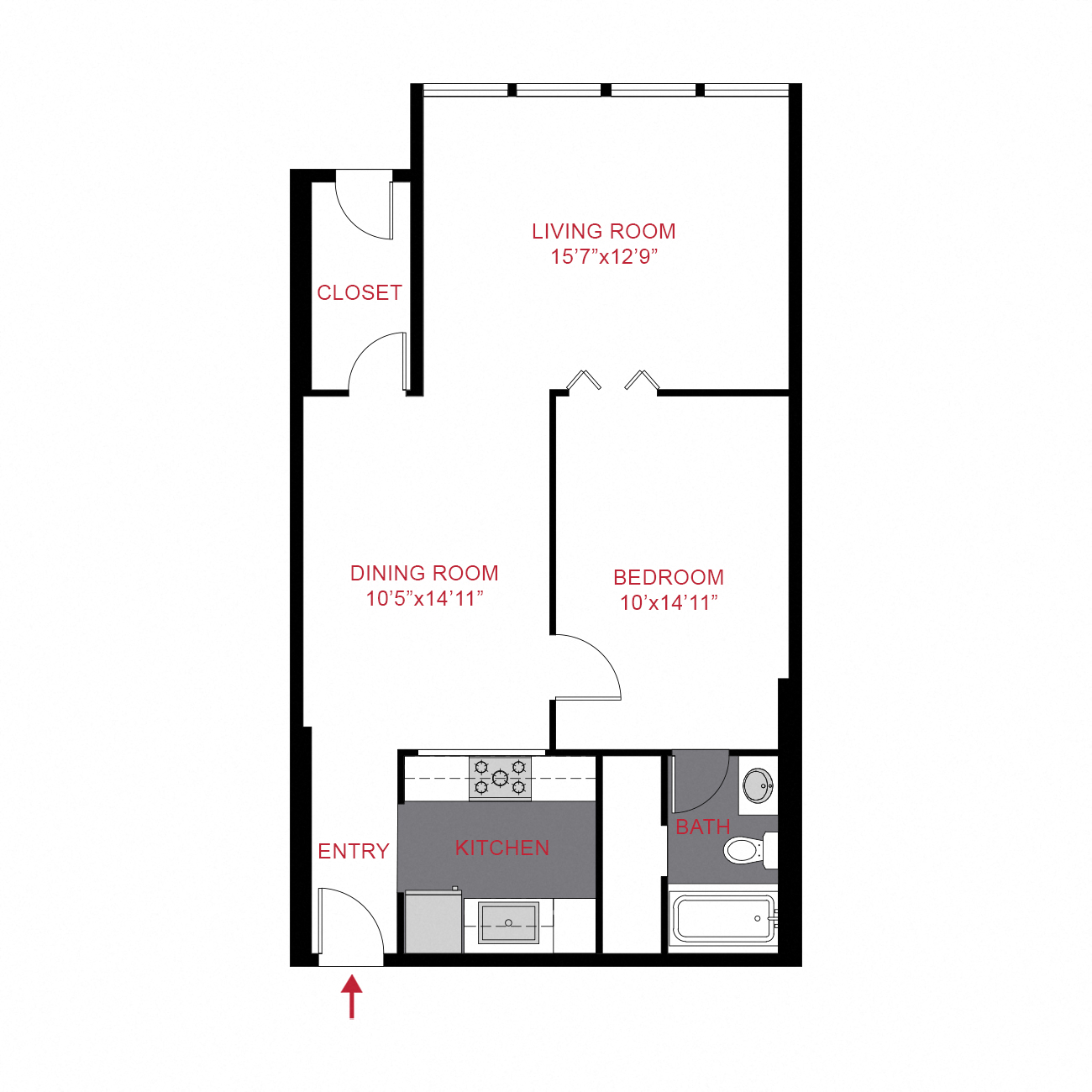 Floor plan for 1 bed, 1 bath, 780 sqft